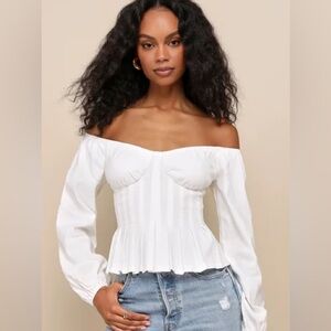 Lulu's Cutest Confidence White Off-the-Shoulder Long Sleeve Bustier Top! NWT!